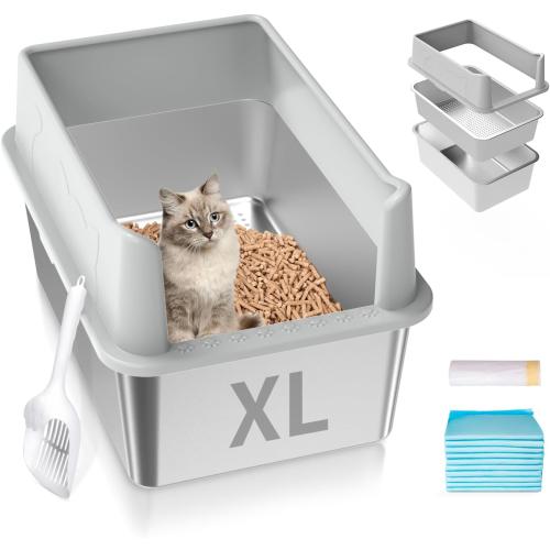 Stainless Steel Cat Litter Box with Lid, XL High Sided Metal Sifting Litter Box for Pine Pellets, Enclosed Sifting Box for Big Cats, Anti-Leakage, Easy Clean, Include Scoop, Liner, Pee Pad and Hook
