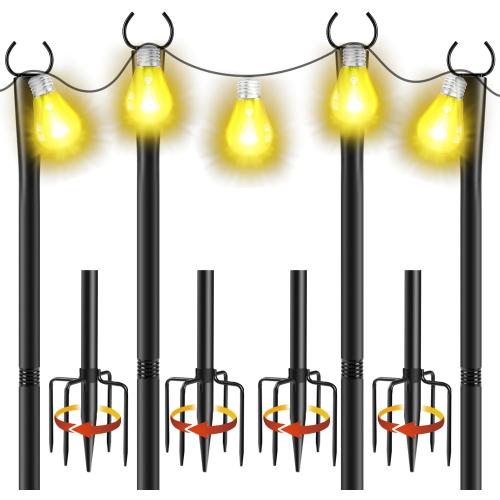 4 Pack 10Ft String Light Poles, Metal Poles with Fork for Outside Lights,Outdoor Metal Light Stand with Fence Brackets Hanging Lights for Garden Patio Wedding Backyard (4 PACK-Upgraded Version)