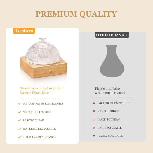 Light Brown Wood and Glass Essential Oil Diffuser with Glass Reservoir & Wood Base, 200ml Ultrasonic Lock Color Timer Auto-Off 7 Color Light Aroma Glass Dome Diffuser for Home Office Bedroom Yoga