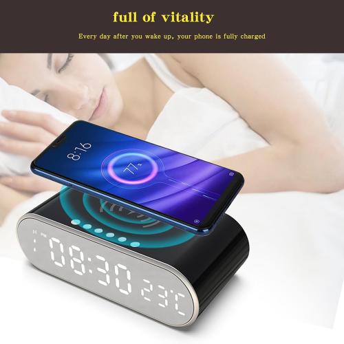 alarm clocks for bedrooms with phone charger，Small digital desktop clock with temperature display，Alarm clock with wireless charging station，Cute alarm clock with iPhone charging dock(White) (black)