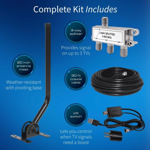 Antennas Direct ClearStream 4MAX Complete TV Antenna, Indoor Outdoor, UHF VHF, Multi-Directional, 70  Mile Range – w/Cable, Mast, Amplifier, Splitter