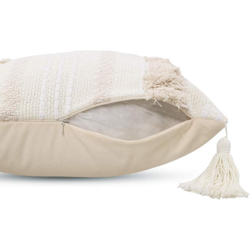 OJIA Boho Decorative Throw Pillow Cover, 20 x 20 Farmhouse Cute Pillowcase Minimalist Neutral Collection Cream White Tufted with Tassels Woven Square Cushion Cover for Sofa Couch Bedroom Living Room