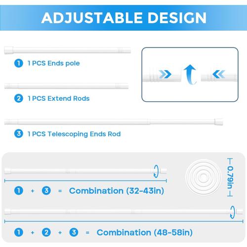 2 Pack Spring Tension Curtain Rod 32.5 to 58 inch Adjustable Curtain Rods No Drilling Spring Loaded Curtain Rods for Windows Doors, White