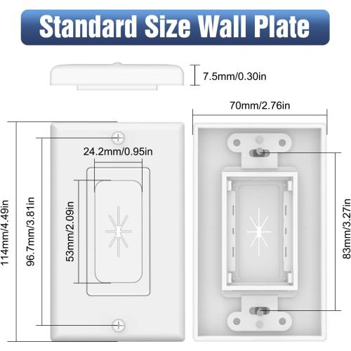 VCELINK Wall Plate Cable Pass Through, Single Gang Decorator Wall Plate Cover, Flexible Rubber Wall Grommets Insert for Low Voltage Cables, Wall Mount TV, Home Theater System, 2-Pack, White