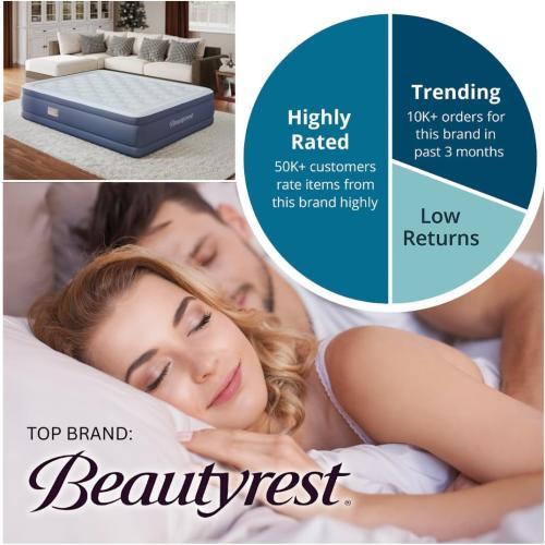 Beautyrest Supreme Air, Queen Size Air Mattress with Built-in Pump, Raised Inflatable Bed for Adults, Puncture-Resistant Vinyl, Auto Shut-Off, 650lb Support, Guest Bed, Camping Airbed, 3-Year Warranty