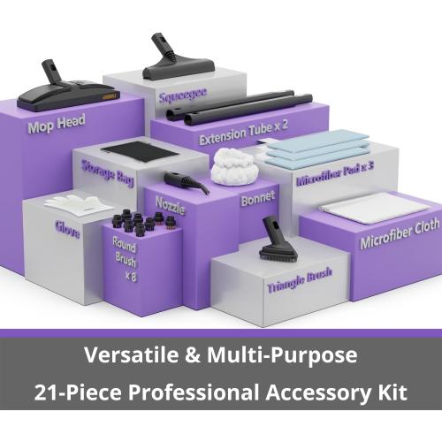 Steam Cleaner: 1650W, Fast 50-Sec Heat-Up-21-Piece Kit Refill Anytime-No Cooling-Detachable Hose Steamer Mop for Home Use Car Bed Bathroom Tile Grout Floor Cleaning And More Black