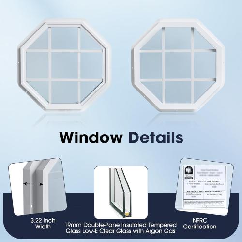 24x24 Vinyl Octagon Window with Grill,Low-E Glass with Argon Gas,Double-Pane Insulated Tempered Clear Glass Octagon Fixed Window and Picture Window