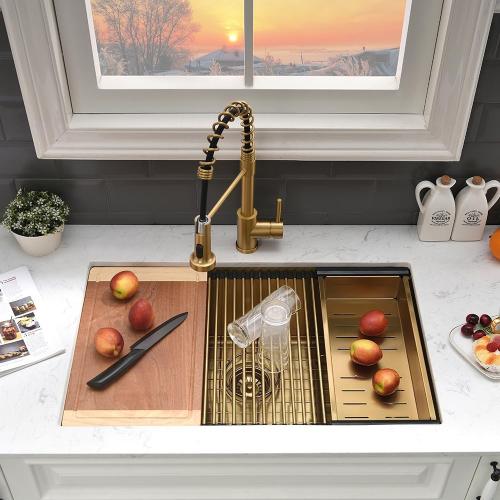 Gold Kitchen Sink Undermount-VASOYO 30x19 Inch Undermount Kitchen Sink Workstation 16 Gauge Brushed Gold Stainless Steel Sinks Under Mount Deep Single Bowl with Cutting Board