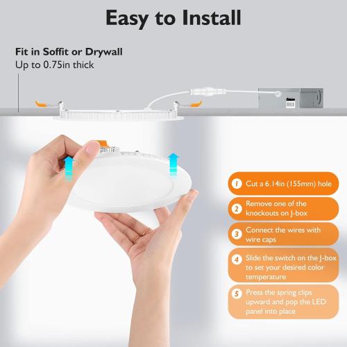 BesLowe 12 Packs 6 Inch 5CCT LED Recessed Ceiling Lights Ultra-Thin with Junction Box, 12W 150W Eqv, 3000K/3500K/4000K/5000K/6500K, 1200LM Dimmable Canless Downlights for Kitchen Hallway Dining Room