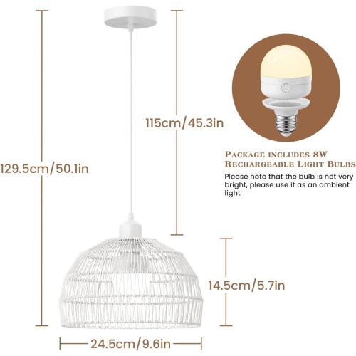 Size 9.6 Color White Battery Operated Boho Pendant Light Fixture, Iron Pendant Farmhouse Coastal with Rechargeable Light Bulb, Farmhouse Hemp Rope Pendant Light for Bedroom, Non-Hardwired Detachable（9.6inch）