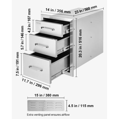 VEVOR  Outdoor Kitchen Drawers Stainless Steel, Flush Mount Triple Drawer, with Stainless Steel Handle, BBQ Drawers for Outdoor Kitchens or BBQ Island