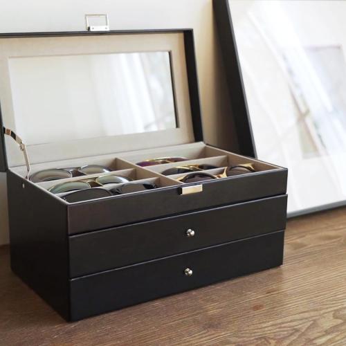 Size 18 Slots ProCase 3-layer Sunglasses Storage Organizer, 18 Slots Leather Sunglass Box Multiple Pairs Eyeglass Cases Eye Glass Eyewear Display Holder for Men Women, Father's Day Gift -Black