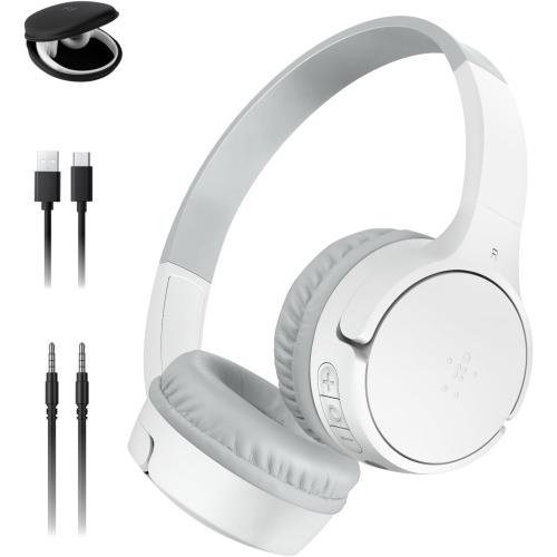 Belkin SoundForm Mini Kids Wireless Headphones w/Built-in Microphone, 30H of Playback Time, Fun Stickers, & Case - Over-Ear Headsets for Online Learning, School, iPhone, iPad, Galaxy, & More - White