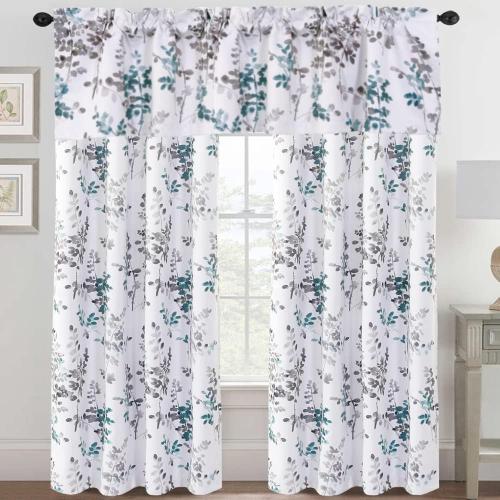 H.VERSAILTEX Valance for Kitchen Windows/Bathroom/Living Room/Bedroom Blackout Window Valance Thermal Insulated Rod Pocket Valance Curtains, 52 W x 18 L, 2 Panels, Floral Pattern in Grey and Teal