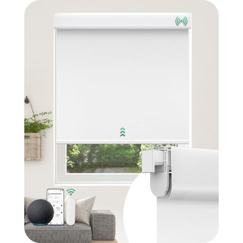 Allesin No Drill Motorized Blinds with Remote | Rechargeable Smart Blackout Roller Shades, Cordless Electric Window Blinds for Bedroom, Living Room, Home Office, White 34x72 Inches