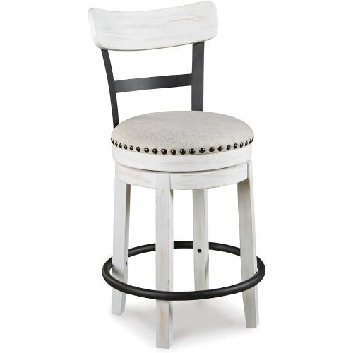 Signature Design by Ashley Valebeck | Modern Swivel 24.5 Counter Height Barstool – Rustic-Industrial Whitewash, Upholstered Cushion, 360° Swivel, Nailhead Trim