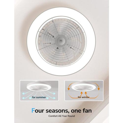 WHITE Orison Ceiling Fans with Lights, Low Profile Ceiling Fan with Lights and Remote, 6 Wind Speeds Smart Flush Mount Ceiling Fan for Bedroom, Kids Room and Living Room 19.7 (White)