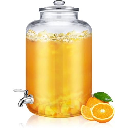 Glass Water Dispenser Countertop with Glass Lid and Stainless Steel Spigot Beverage Drink Dispenser Airtight Leakproof Large Jug for Summer Outdoor Party Juice Kombucha