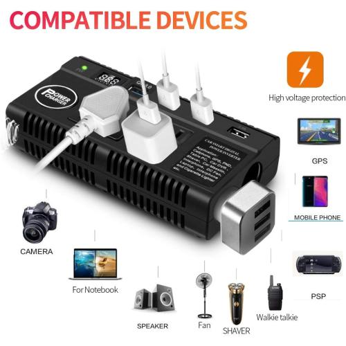 Car Power Inverter 120W 12V 24V DC to 110V AC 4 USB Ports Car Charger Adapter with 3 AC Outlets Dual Cigarette Lighter, Digital LED Display Quick Charging 3.0 for Phones Tablets PC Laptops (120W)