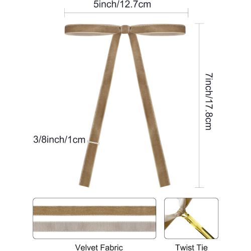 SIMISI RIBBON 24Pcs Khaki Christmas Velvet Ribbon Bows Decorations Xmas Ornaments Vintage Decor for Tree, Wreath, Garland (3/8'' Width, 5 * 7 inch)