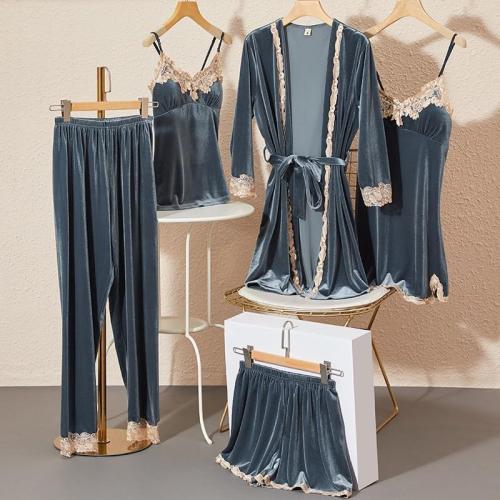Sleepwear Women's Medium Autumn And Winter Long Sleeved Golden Velvet Nightgown Gown Five Piece Home Suit