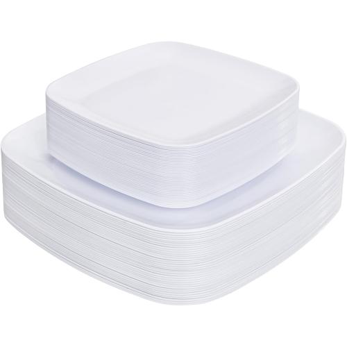 PULOTE 60PCS White Square Plastic Plates Disposable - Heavy Duty Party Plates Include 30 Dinner Plates,30 Dessert Plates for Parties&Weddings