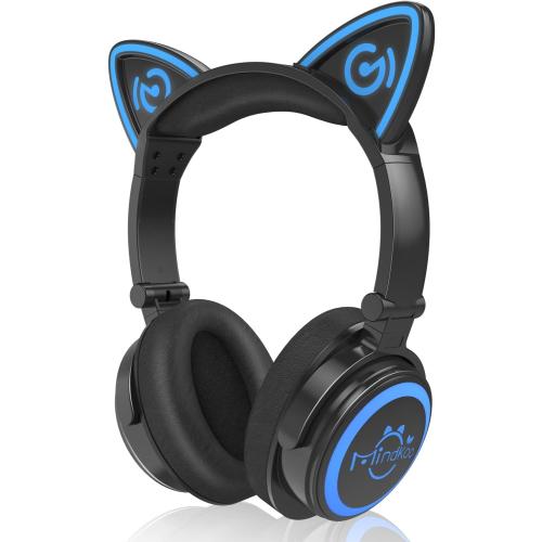 Cat Ear Bluetooth Headphones with Microphone, LED Light Up Over Ear Headphones, Volume Control and Foldable Headset for Tablet/PC/iPad/Cell Phones, Gift for Kids Boys & Girls