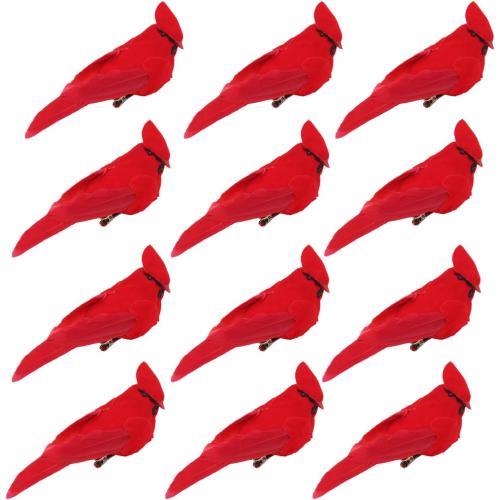 12 Pack Red Cardinals Ornaments Red Birds Cardinal Clip On Christmas Tree Ornaments Artificial Red Birds with Feathers for Christmas Decorations Wreaths Centerpieces Crafts