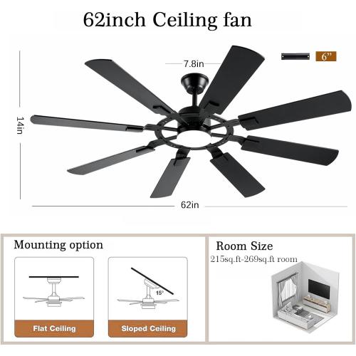 62 Inch Ceiling Fans with Lights, Large Low Profile Ceiling Fan with Remote Control, 8 Double Sided Blades, 6 Speed Reversible DC Motor, Silent Timing, Black Indoor Outdoor Ceiling Fan