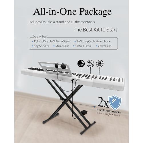 Longeye Piano Keyboard 88 Keys Compact Digital Piano for Beginners with Full Size Semi Weighted Keys, Sustain Pedal, Headphones, Carrying Case (88 Key With Stand, Black)