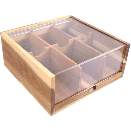 HTB Acacia Wood Tea Bag Organizer Storage, Gift Box 6 Compartments Tea Chest Box with Acrylic Transparent Hinged Lid