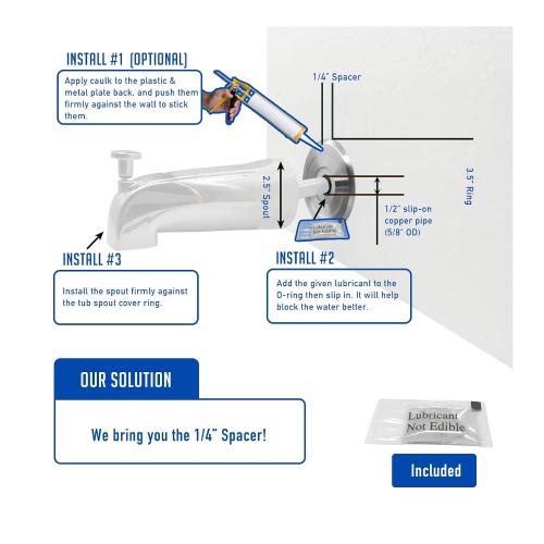 1/4 Spacer for Tub Spout, Flange Trim Ring for Bath Faucet, Eschutcheon Cover Plate for Spigot with Split PP Blocking Water, Shower Pipe Remodeling Sealer for Bathroom(SUS304-Brushed)