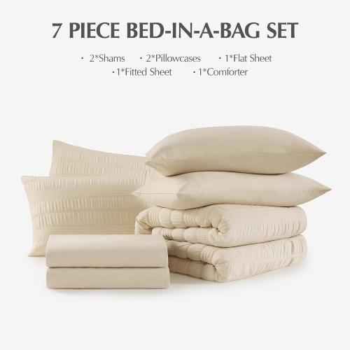 Queen Comforter Set, 7 Pieces Beige Seersucker Bed in a Bag Queen Size Soft All Seasons, Bedding Sets with Comforter, Flat Sheet, Fitted Sheet, 2 Pillow Shams, 2 Pillowcases