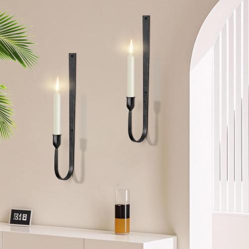 Black Wall Candle Holder Set of 2, Metal Wall Mount Candle Sconces Holder, Modern Wall Decoration for Living Room, Dining Room, Fireplace, and Weddings