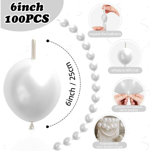 Pearl White Linking Balloons,100pcs 6 Inch Quick Link Long Balloons for Tying Balloon Arch,Tails Balloon Wall,for Wedding Anniversary Engagement Birthday Baby Shower Graduation Party Decorations
