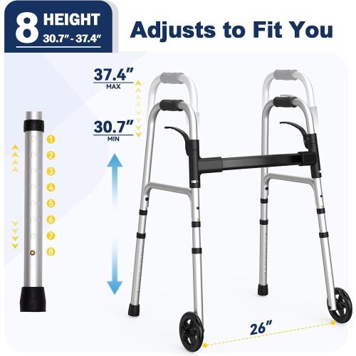 Folding Walkers for Seniors with 2 Skis and 5 Wheels, Lightweight Adult Rolling Walker, Supports Up to 350 Pounds, Adjustable Height, Aluminum Standard Walker, Silver