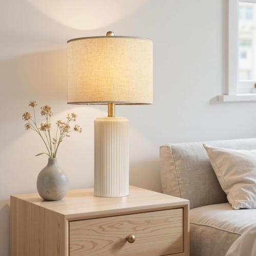 Ceramic Table Lamp Set of 2, 23 Inch 3-Level Dimmable Bedside Lamps with Linen Shade, Farmhouse Nightstand Lamps for Bedroom Living Room, Rustic White Desk Lamp, LED Bulb Included