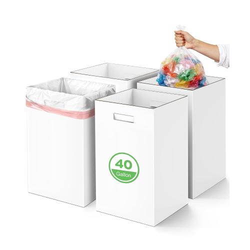 4 Pack Corrugated Cardboard Disposable Trash Cans for Parties, 40 Gallon Collapsible Garbage Cans with Handle, Thick Foldable Bins for Party Events Camping Beach(18 L x 18 W x 30 H), White