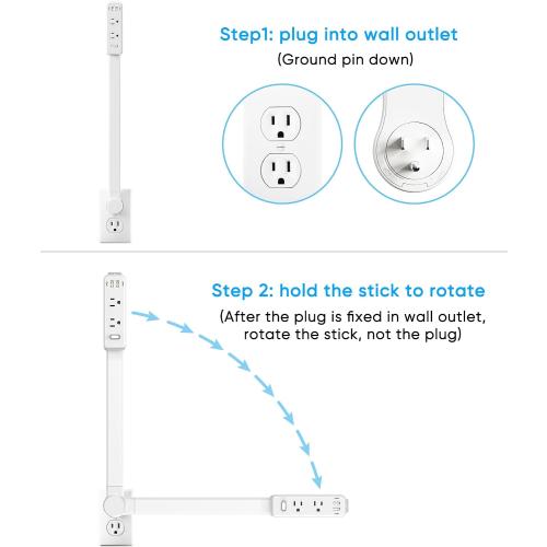 Olcorife Outlet Extender Stick, Power Strip with 6 Outlets & 4 USB Ports, Extends 22-34, Rotates 180°(90° per Side), Home Dorm Essential for Nightstand, Couch and Desk