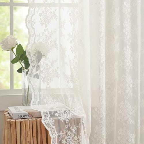YJ YANJUN Lace Sheer Curtains 54 inch Length-Country Vintage Floral Curtains Short Curtains for Bedroom Set of 2, 52 x 54 Inch Ivory