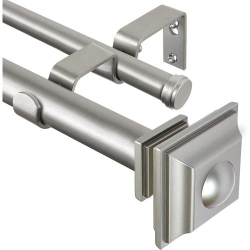 KAMANINA 1 Inch Double Curtain Rods 36 to 72 Inches (3-6 Feet) Telescoping Dark Silver Curtain Rod for Windows 24 to 68 Inches, Heavy Duty Drapery Rods with Square Finials