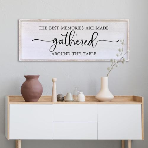 The Best Memories Are Made Gathered Around The Table Wall Decor 40x15 Large Rustic Farmhouse Dining Room Wood Framed Modren Signs Kitchen Home Simple Hanging Wall Art (White)