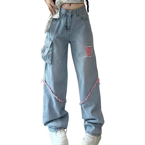 Grunge Y2K Goth Vintage Casual High Rise Loose Straight Wide Leg Pink Ripped Frayed Raw Trim Cargo Jean Pants large