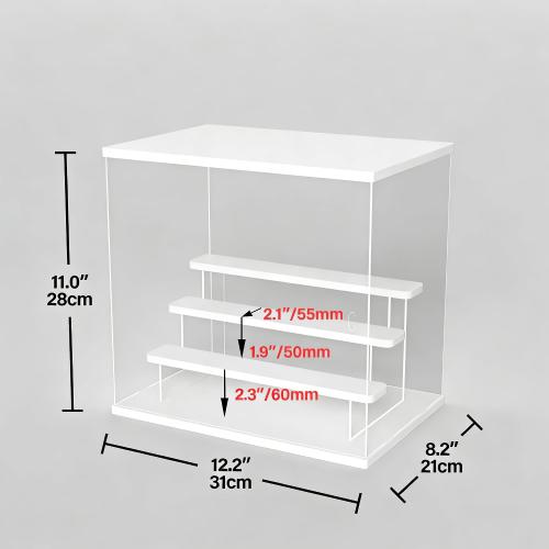 Clear Acrylic Display Case with LED Light, 4 Tier Dustproof Showcase for Collectibles, Figures & Model Cars, Stackable Display Box (White, 12x8x11 in)