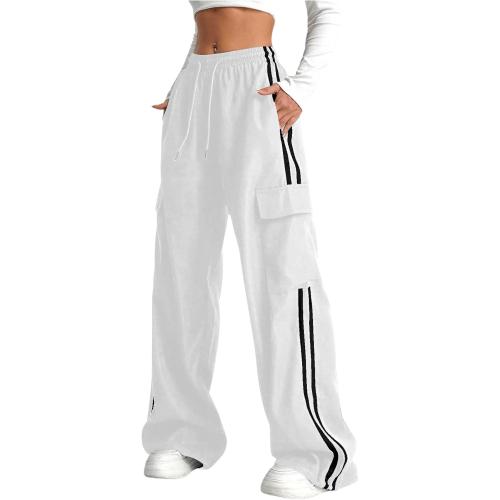 Size M Verdusa Women's Cargo Pants Baggy Straight Wide Leg Track Pants Striped Joggers with Pockets Athletic Streetwear