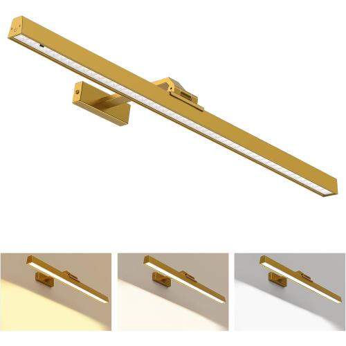 Size Medium Color Gold Picture Lights for Wall, Battery Operated Picture Light 24in Gallery Light for Paintings CCT Dimmable Recharging Battery Wall Light with Remote Control for Living Room Gallery Dartboard
