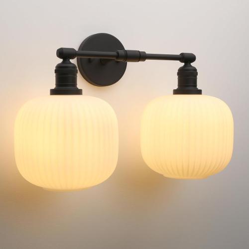 Pathson 2 Lights Milk White Globe Wall Sconce, Hardwired Antique Double Sconce for Living Room Home Decor, Striped Glass Bathroom Vanity Light, E26 Bulb Base