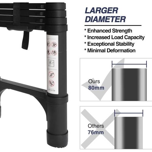 BOCOM 14.5 FT Aluminum Telescoping Ladder, Lightweight Multi-Purpose Collapsible Extension with 2 Triangle Stabilizers, Heavy Duty 330 lbs Max Capacity, Ideal for Home, RV, and Outdoor Work Black