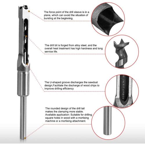 Square Hole Drill Bit, Steel Hardness Sharp Mortising Chisel Set 1/2-Inch, 1/4-Inch, 3/4inch, 3/8-Inch, 5/8-Inch, 5/16-Inch, 9/16-Inch Woodworking Mortiser Drill Bit-7pcs