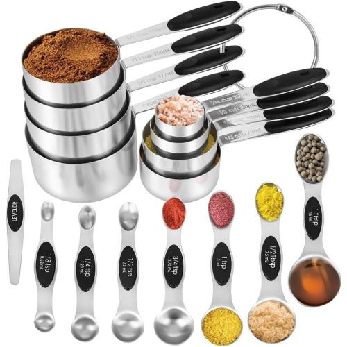 16 Pieces Measuring Cups and Magnetic Measuring Spoons Set Stainless Steel,8 Measure Cups with Silicone Handle and 7 Double Sided Magnetic Measure Spoons & 1 Leveler